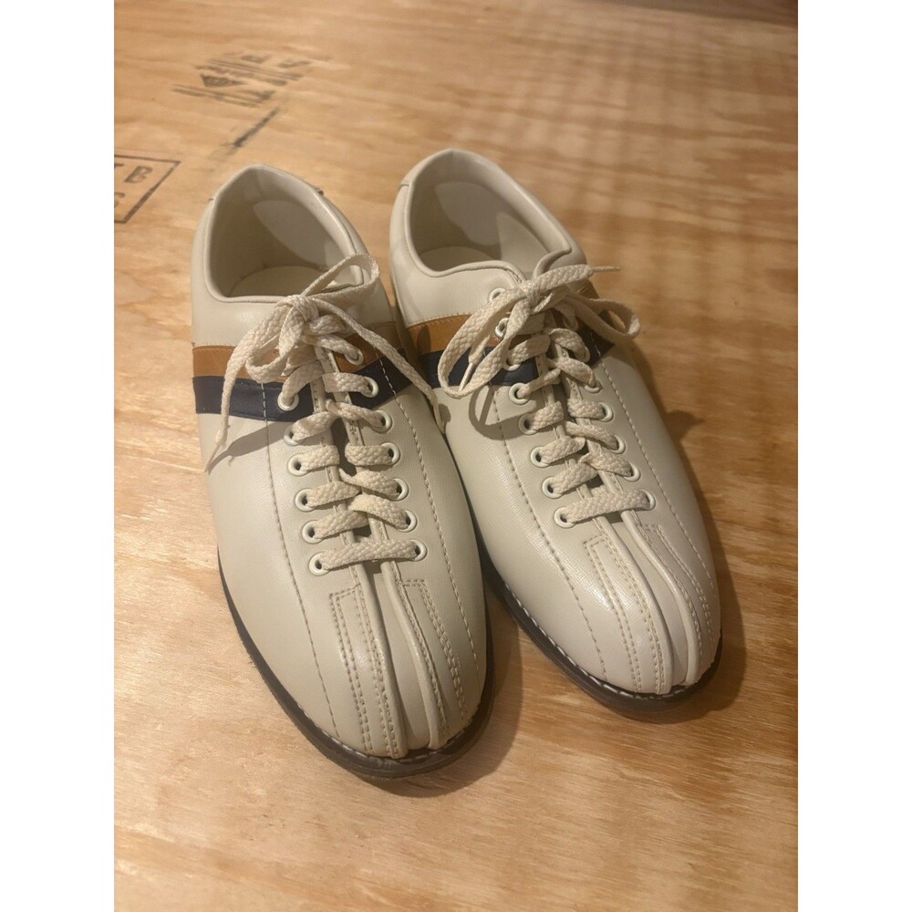Vintage Striker Split Toe Bowling Shoes Mens 10 Beige Leather Chrome Slider Sole